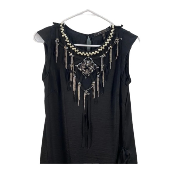 BCBG Maxazria Women S Black Beaded Sequin Satin Ruched Dress Short Sleeve 7939 - Picture 2 of 7